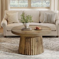 Farmhouse Round Coffee Table /Mid Century Modern Boho Accent Center Table