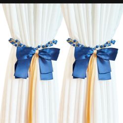 2 Pack Handmade Crystal Beaded Magnetic Curtain Tieback with Butterfly Bow, Flower Pearl Curtain Ties Curtain Holdbacks Drapes Holders Decorative 