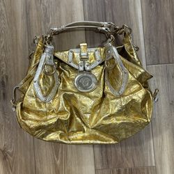 Versace - Gold/Silver Leather Satchel Bag - Medusa Shoulder Buckle - Y2K Rare