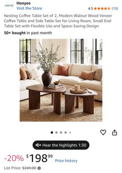 Nesting Coffee Table Set of 2, Modern Walnut Wood Veneer Coffee Table and Side Table Set for Living
