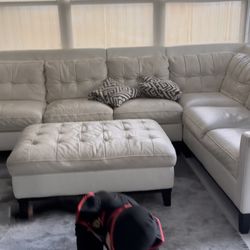 White Leather Sectional With Ottoman,5 Piece 