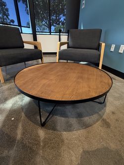 Modern Round Slate Top Coffee Table – Black Metal Base