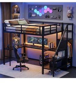 2 Metal Loft Bed with Desk and Storage Stairs