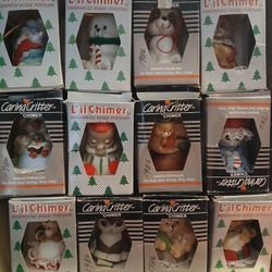 12 VINTAGE 1980'S PORCELAIN CARING CRITTER CHIMERS CHRISTMAS ORNAMENTS 