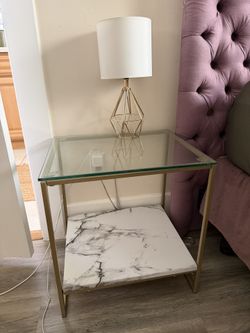 Set of 2 Gold & Glass Nightstands | Marble-Look Shelves