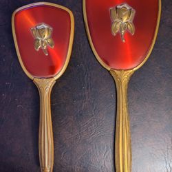 Vintage American Beauty Vanity Red, Rose Gold Tone Hair Brush And Mirror