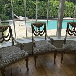 3 Vintage Designer Silvered Wood Chairs Swags Drapes Tassel