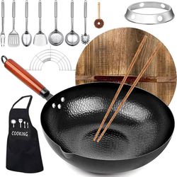 Carbon Steel Wok Pan, 14 Piece Woks & Stir-Fry Pans Set with Wooden Lid Cookwares, No Chemical Coated Flat Bottom Chinese Pan for Induction, Electric,