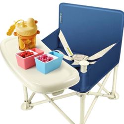 Q-MIULIKE Portable Booster Chair Floor Seat with Tray Foldable Infant Seat Blue