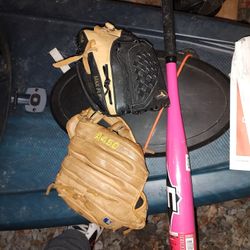 2 Brand New Pink Bat And 2 Mitts