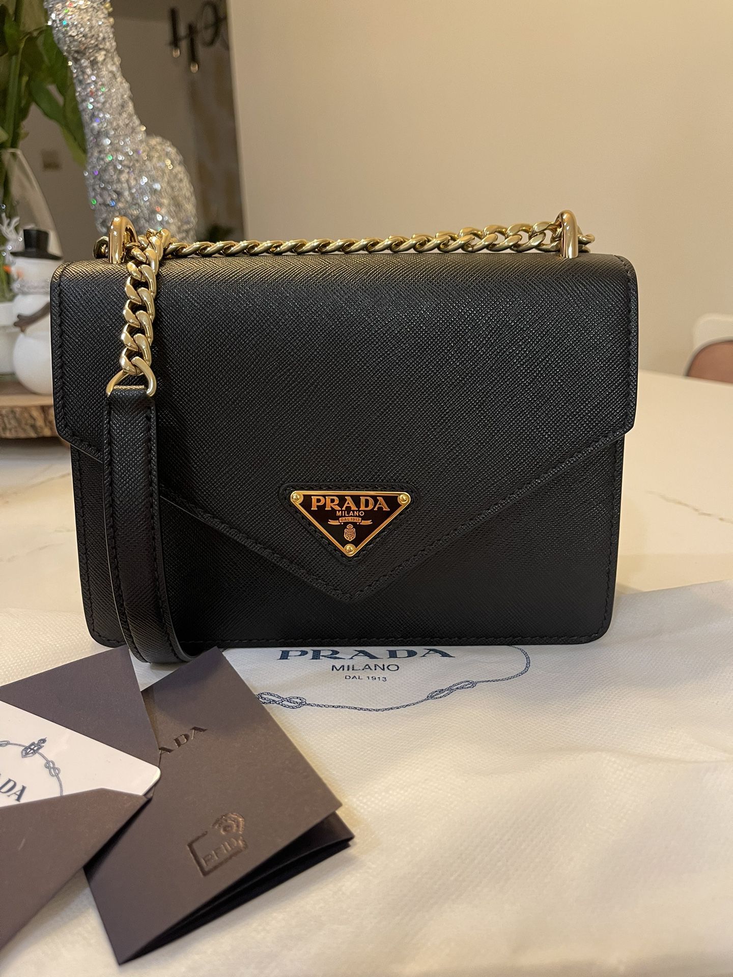 New Co llection PRADA HAND BAG, BLACK LEAT HER WITH GOLD FINISHES