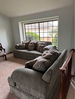 Gray corduroy Fabric Sofa with Pillows ,two chairs , dinning room set ,curio cabinet $$