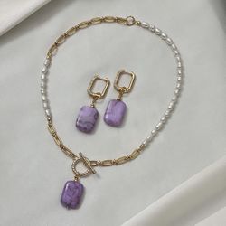 Chain & Fresh Water Pearl Necklace Set with Amethyst Ocean Rectangle 22 mm and Real 18K gold plated Earrings - White & Gold & Lilac - Handmade Necklac