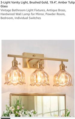 3-Light Vanity Light, Brushed Gold, 19.4", ", Amber Tulip Glass Vintage Bathroom Light Fixtures, Antique Brass, Hardwired Wall Lamp for Mirror, Powder