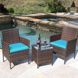 New 3 Pieces Patio Porch Furniture Sets PE Rattan Wicker Chairs with Table Outdoor Garden Furniture Sets  New in box T LCRF938A Blue Patio furniture  