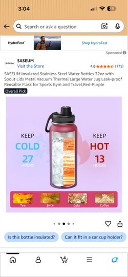 SASEUM Insulated Stainless Steel Water Bottle 32oz