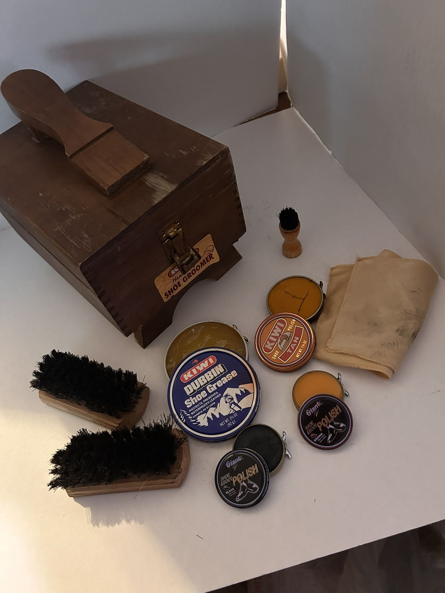 Vintage Wooden Shoe Groomer with Brushes and Polish