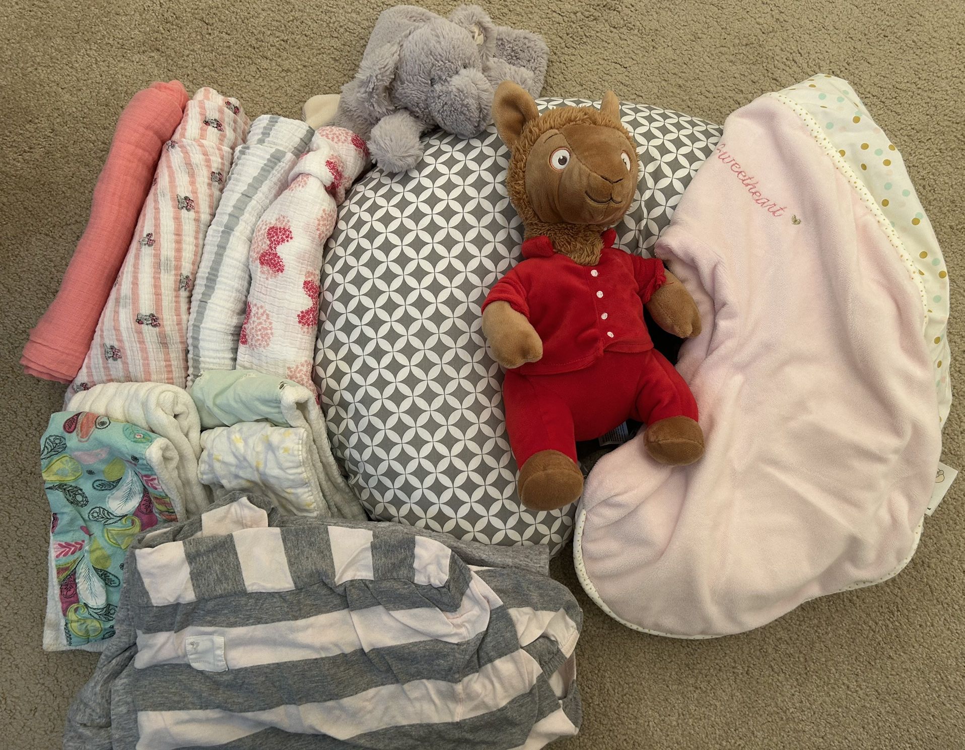 Boppy Pillow + Swaddles Blankets + Changing Pad Covers + Stuffies