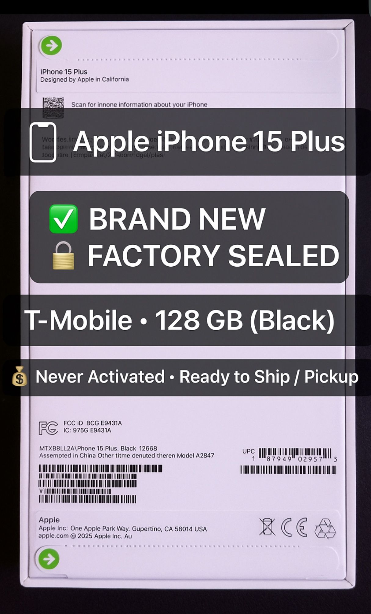 🔥 Brand New Sealed Apple iPhone 15 Plus 128 GB Black (T Mobile) – Factory Sealed / Never Activated