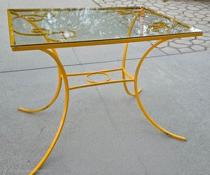 Vintage Hollywood Regency Style Yellow Scrollwork Glass Top Table