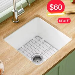 18” x 18” White Fireclay Kitchen Sink – Includes Grid & Drain (New and Sealed in Box)  Bar/ Prep Sink 