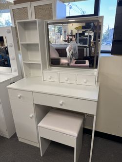 Vanity Desk with LED Lighted Mirror, Makeup Vanity with 2 Drawers, 3 Color Lighting Modes Brightness Adjustable, Dressing Table for Bedroom (2 Drawers