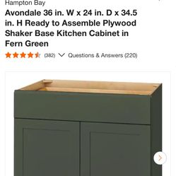 Avondale 36 in. W x 24 in. D x 34.5 in. H Ready to Assemble Plywood Shaker Base Kitchen Cabinet in Fern Green
