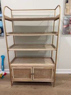 Gold Metal and Wood Bookshelf with Cane Cabinet