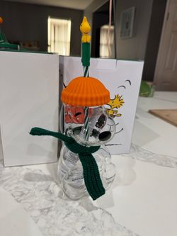 Starbucks Snoopy Glass Cup with Lid and Straw