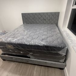 New King Bed Frame + Plastic Sealed King Mattress + Box Spring 