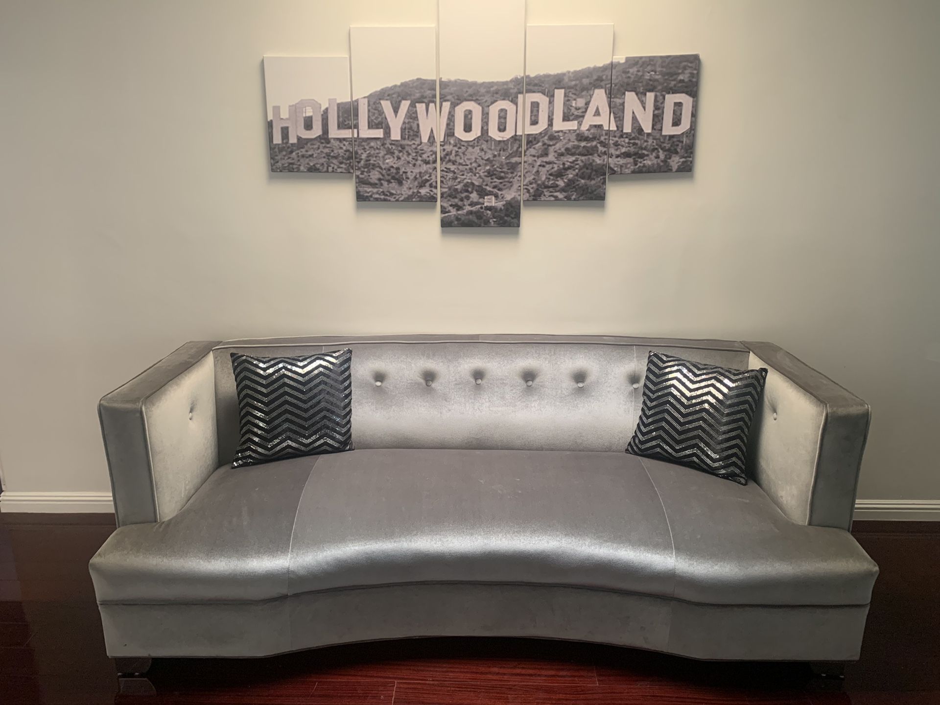 Modern Silver couch with matching Chair.