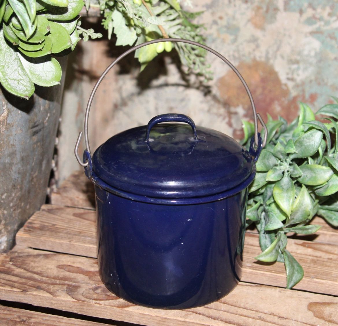 Vintage Blue Primitive Farmhouse Enamelware Berry Bucket