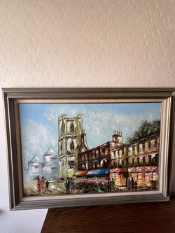 Vintage Signed Original Oil Painting - European City Street & Church - Framed