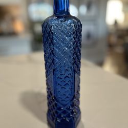 SERPIS ALCOY Cobalt Blue Glass Antique / Vintage Collectible Bottle Spanish Destillrias 6 Sides Diamond Design Blue Glass Vase Made in Spain