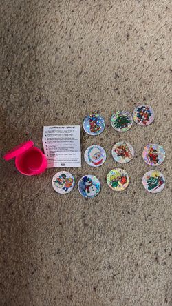Vintage 90s Holographic Christmas Milk Caps Pogs Lot Case & Rules Sheet