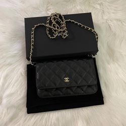 Authentic CHANEL Classic WOC Wallet On Chain Black Caviar Gold Metal Shoulder Bag
