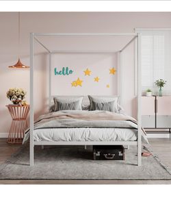 White Metal Four-Poster Canopy Bed Frame