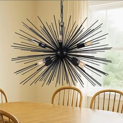 0786: NEW 12-Lights Sputnik Chandelier, Black Starburst Chandelier, Mid Century Firework Pendant Light Fixture for Living Room Dining Room Kitchen Isl