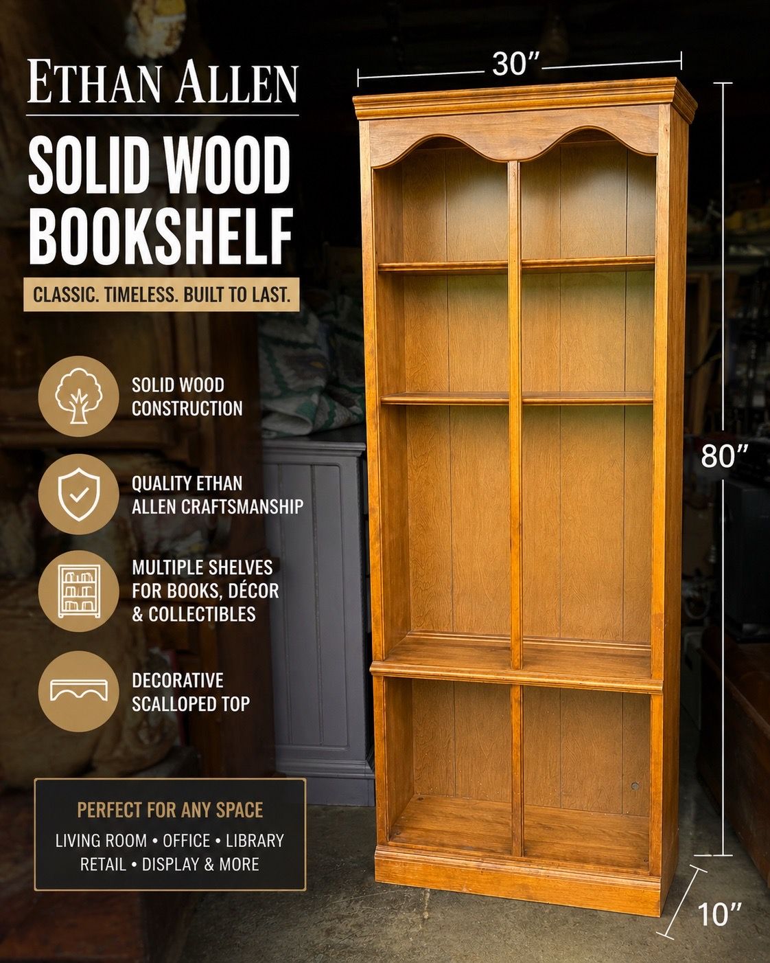 Ethan Allen Solid Wood Bookshelf Cabinet 80” Tall Vintage Display Shelf