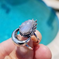 Rainbow Moonstone Crescent Moon Ring Sizes 4 to 10 Available.