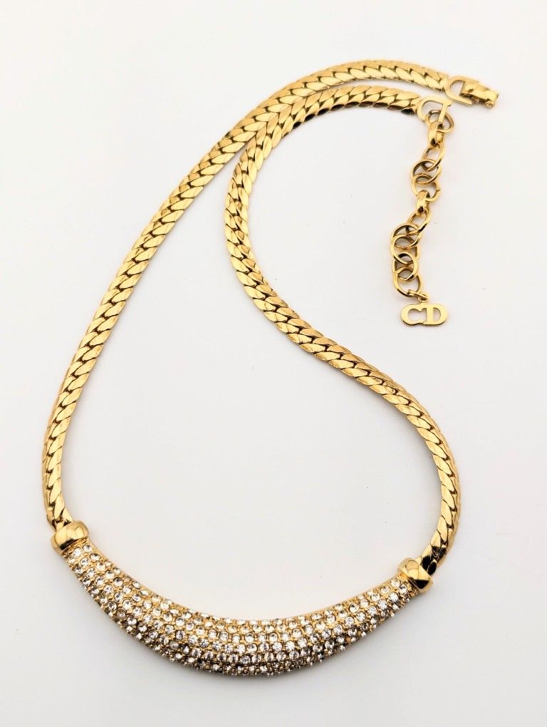 Original DIOR NECKLACE CRYSTAL RHINESTONE GOLD TONE VINTAGE AUTHENTIC