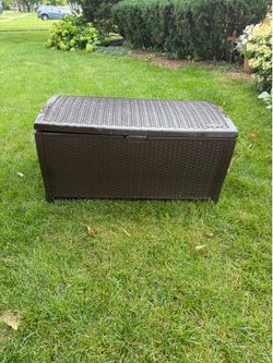 Suncast Deck Storage Box, hinged lid, 50 w, 24 deep, 24 Hi, solid and sturdy,$40