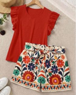 Red Ruffle Top and Floral Shorts Set