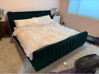 Camille from Joybird - king size green velvet bed