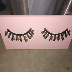 Girls Pink Room Lashes Eye Picture Panting Girls Room Pink & Gold Stars Canvas Wall Art