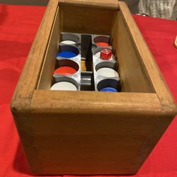 Vintage Poker Chip Set With Wooden Caddy. With red white and blue poker chips.