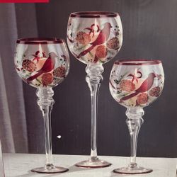 Three Piece Goblet, Red Poinsettia Glass Set