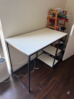 White Desk with Metal Frame and Shelves