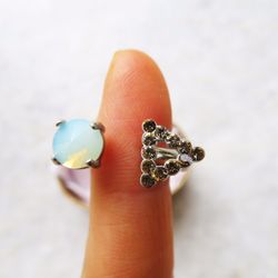Open matte silver ring turquoise stone peach rhinestones