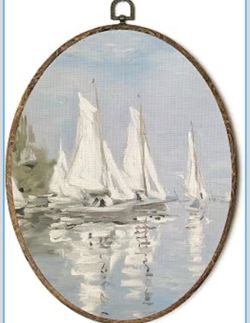 Coastal Beach Sailboat Oval Wall Art Framed, Ocean Nautical Pack Of 3